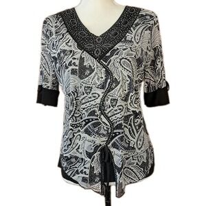 DESIGN WORKS PM Black Grey V-Neck Chiffon Top Rhinestones Artsy Funky‎